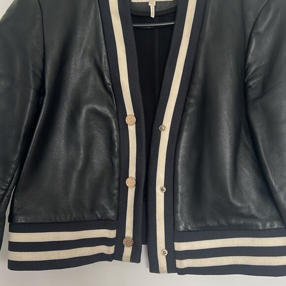 Maje Black and Cream Varsity Jacket leather cropped 3/4 sleeves 40 US 8 - Picture 4 of 8